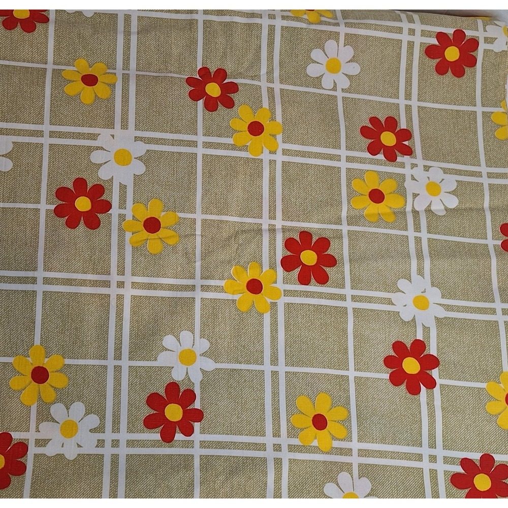 Vtg 70s Floral Daisy Grid Fabric Tan Red Yellow White Retro fabric 3+ yds